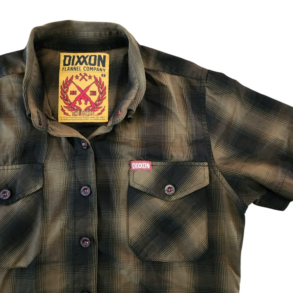 Dixxon Flannel Co The Corps Olive Green‎ Black Plaid Short Sleeve Shirt Womens S